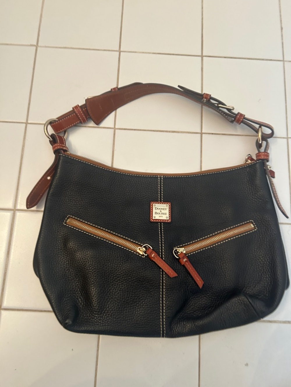 Dooney & Bourke Black Leather Shoulder Bag with Brown Trim